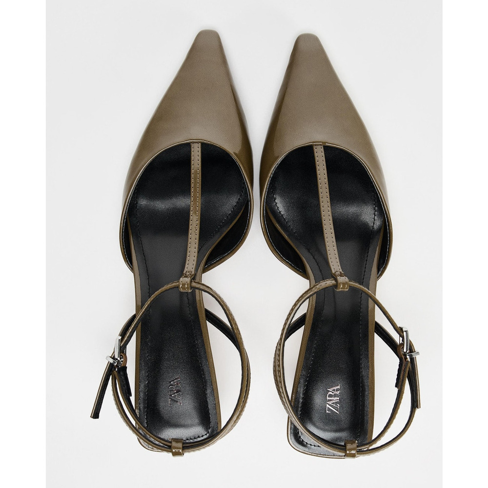Zara Olive Green Pointed Toe T-Strap Slingback Heels NWT - Picture 15 of 16